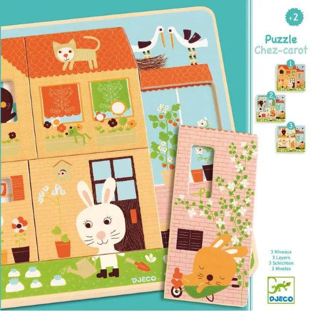 Djeco | Three-Layer Wooden Puzzle | Rabbits at Chez Carot