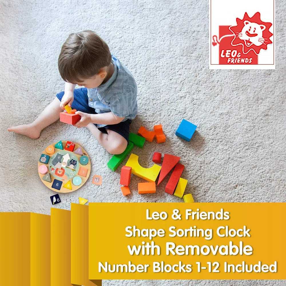 LEO & FRIENDS Wooden Shape Sorting Clock Puzzle - 13pc Colorful Educational Set