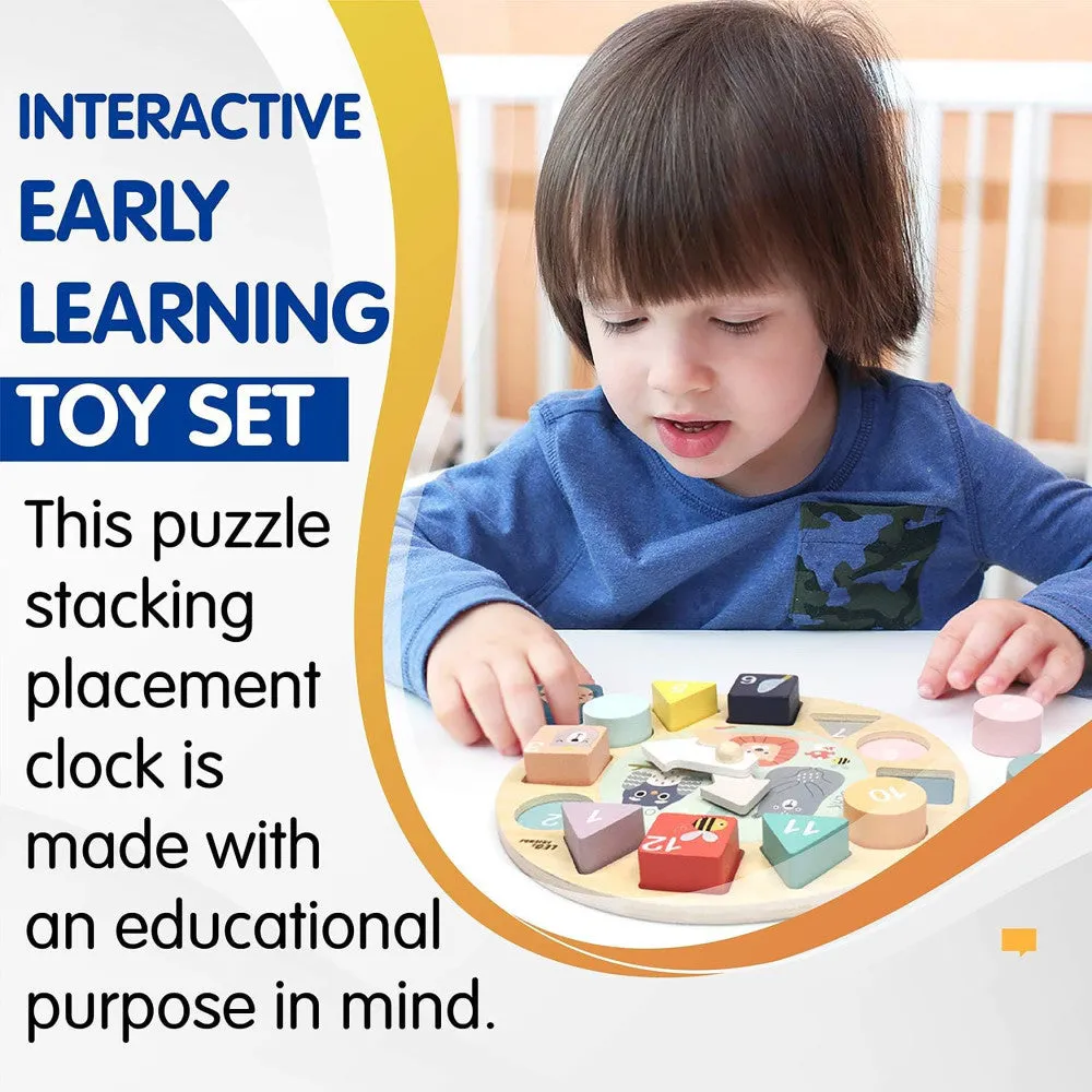 LEO & FRIENDS Wooden Shape Sorting Clock Puzzle - 13pc Colorful Educational Set