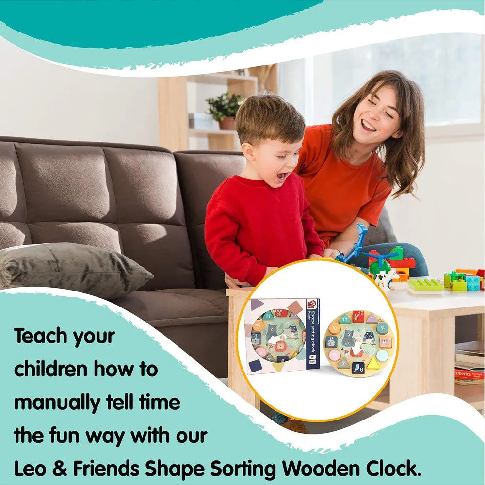 LEO & FRIENDS Wooden Shape Sorting Clock Puzzle - 13pc Colorful Educational Set